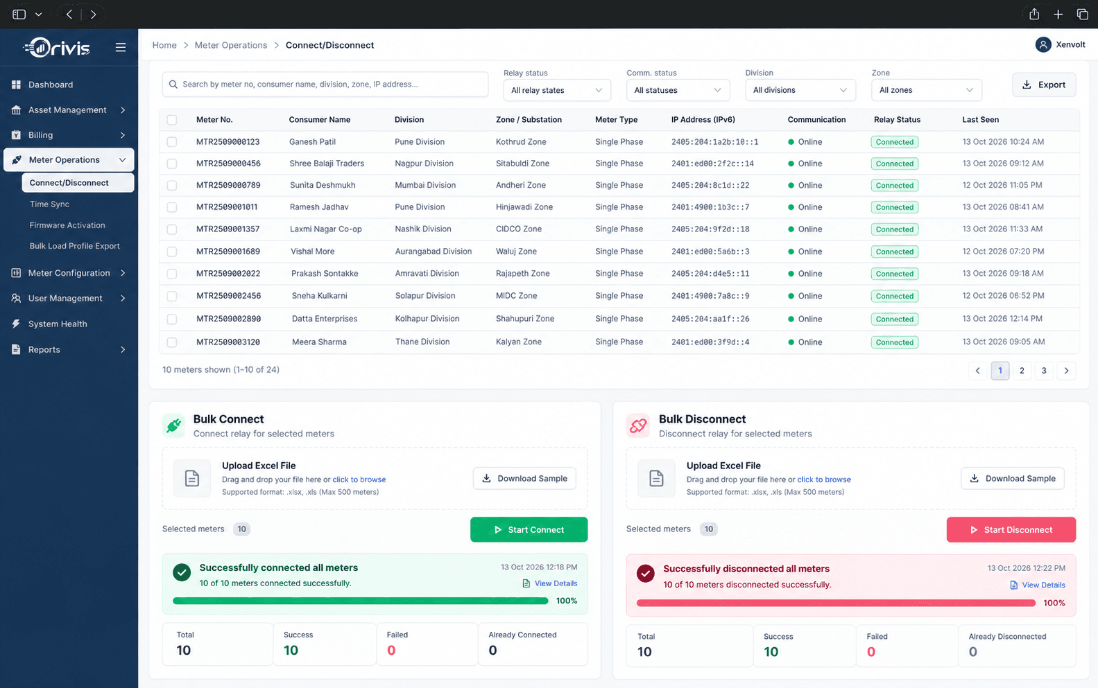 Orivis bulk operations screen showing meter selection, operation groups and progress tracking with retry